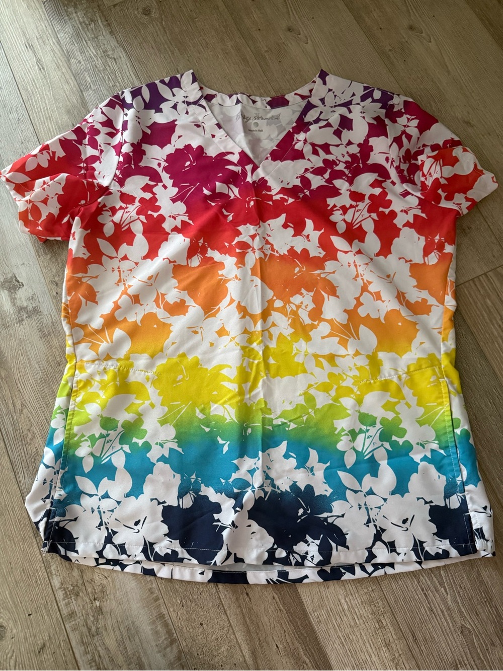 Women's Rainbow Floral V-Neck Scrub Top - Multicolor
